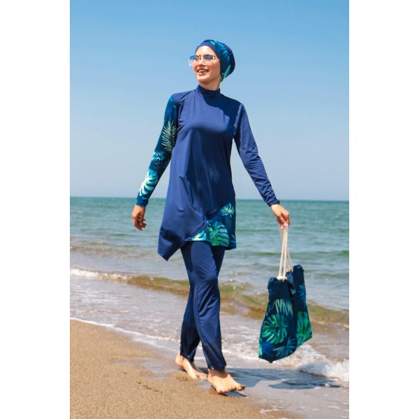Mayo burkini Marina Navy Blue Women's Leaf Pattern Detailed Design 3 Piece Hijab Swimsuit M2125