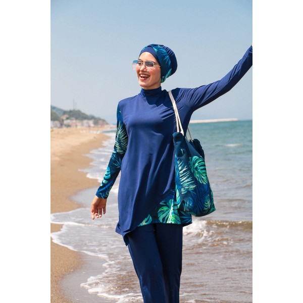 مايوه بوركيني من مارينا أزرق كحلي نسائي على شكل أوراق تصميم مفصل 3 قطع ملابس سباحة للحجاب M2125