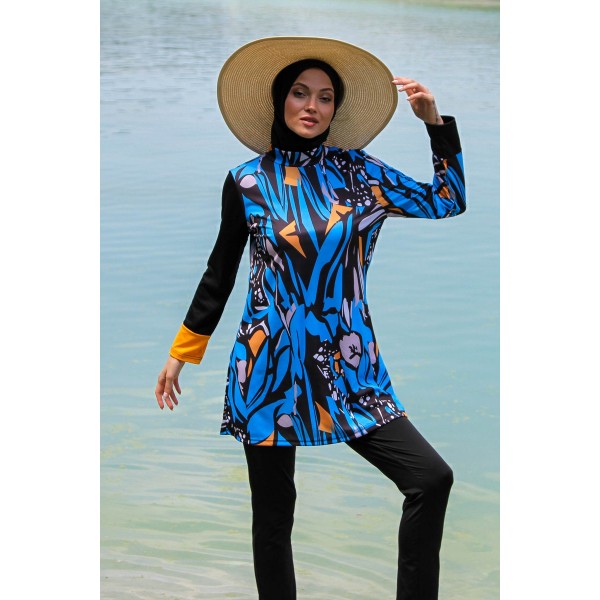 Mayo burkini Rivamera Black Pattern Detailed Hijab Swimsuit R1103