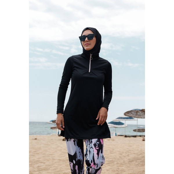 Rivameraمايوه بوركيني بدلة سباحة حجاب سوداء منقوشة R1101