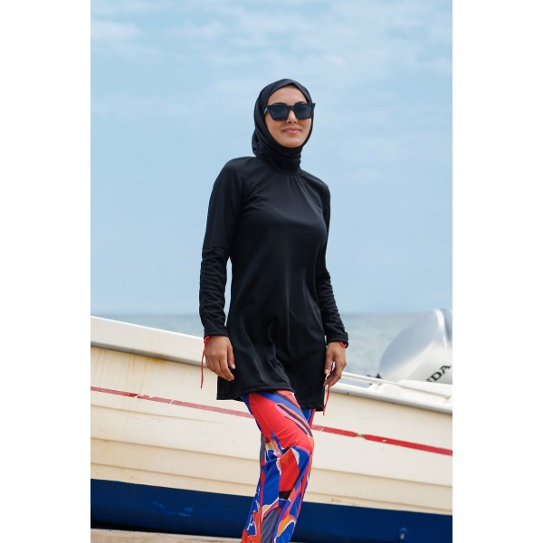 Mayo burkini Rivamera Black Pattern Detailed Hijab Swimsuit R1107