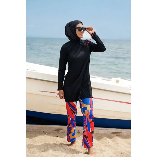 Mayo burkini Rivamera Black Pattern Detailed Hijab Swimsuit R1107