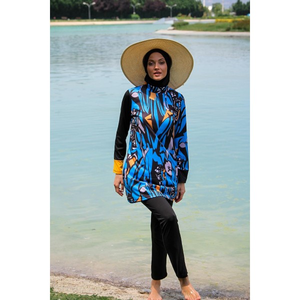 Mayo burkini Rivamera Black Pattern Detailed Hijab Swimsuit R1103