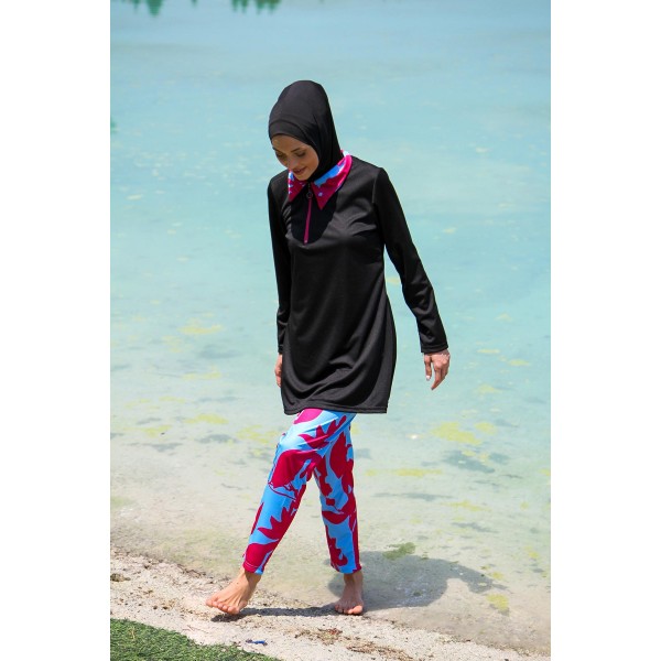 Mayo burkini Rivamera Black Pattern Detailed Hijab Swimsuit R1108