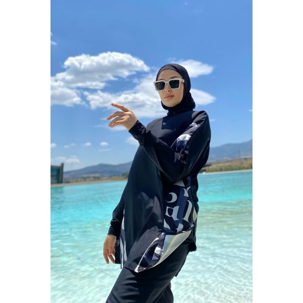 Mayo burkini Marina Black Women's Pattern Detailed Design Hijab Swimsuit M2277