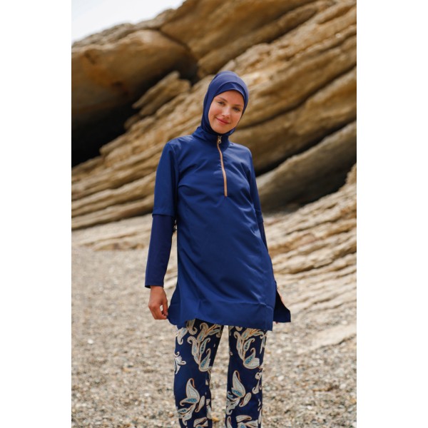 Mayo burkini Marina Navy Blue Women's Leaf Patterned Design Hijab Swimsuit M2260