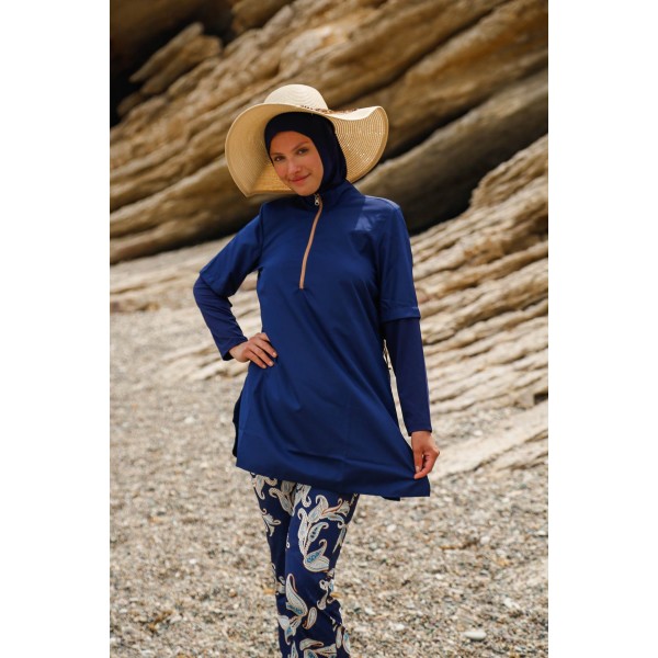 Mayo burkini Marina Navy Blue Women's Leaf Patterned Design Hijab Swimsuit M2260