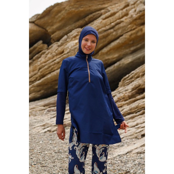 Mayo burkini Marina Navy Blue Women's Leaf Patterned Design Hijab Swimsuit M2260