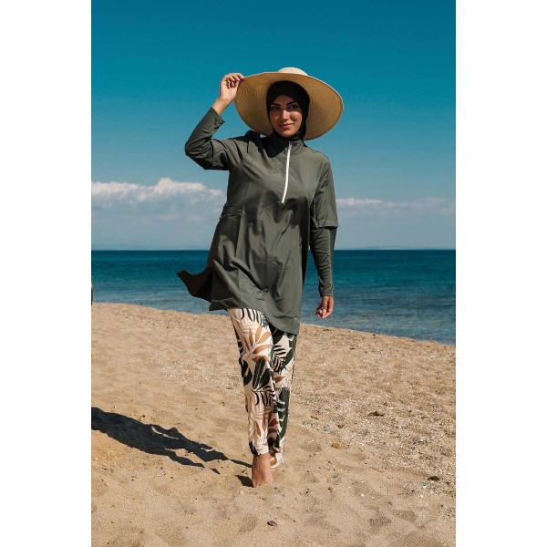 Mayo burkini Marina Khaki Women's Leaf Patterned Design Fully Covered Hijab Swimsuit M2261