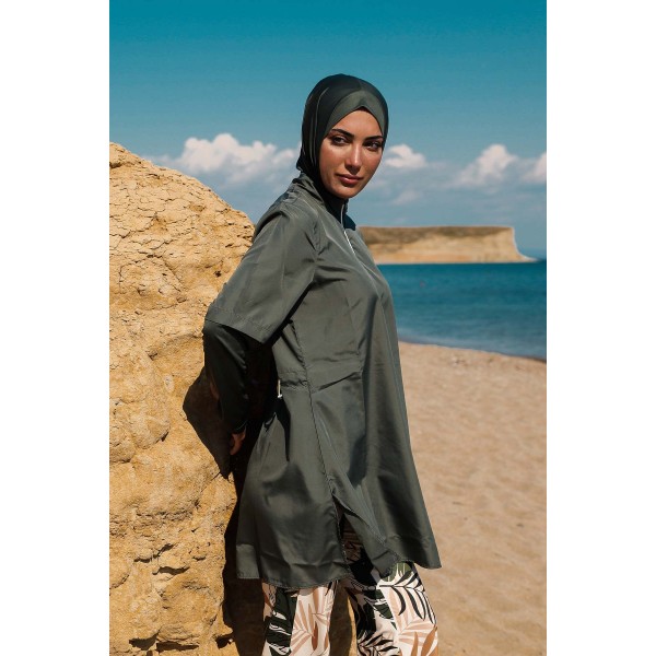 مايوه بوركيني من مارينا كاكي للسيدات بتصميم أوراق الشجر ومغطى بالكامل بالحجاب M2261