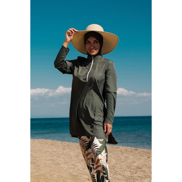 مايوه بوركيني من مارينا كاكي للسيدات بتصميم أوراق الشجر ومغطى بالكامل بالحجاب M2261