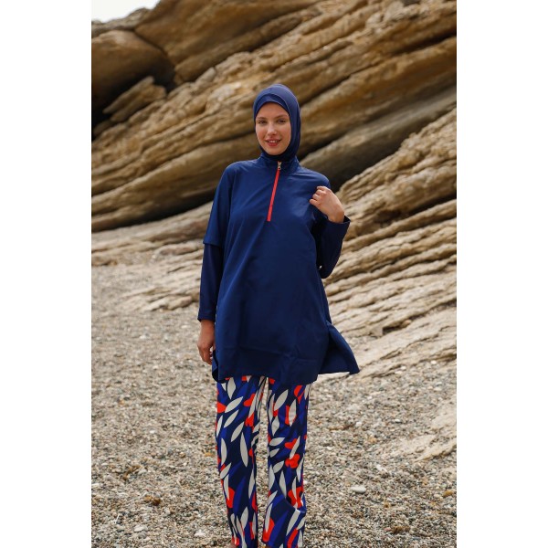 Mayo burkini Marina Navy Blue Women's Patterned Design Fully Covered Hijab Swimsuit M2262