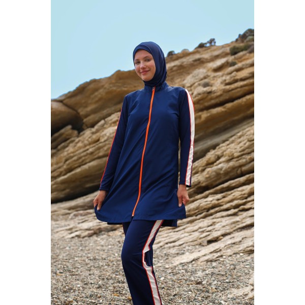 Mayo burkini Marina Navy Blue Women's Zipper Detailed Patterned Design Hijab Swimsuit M2270