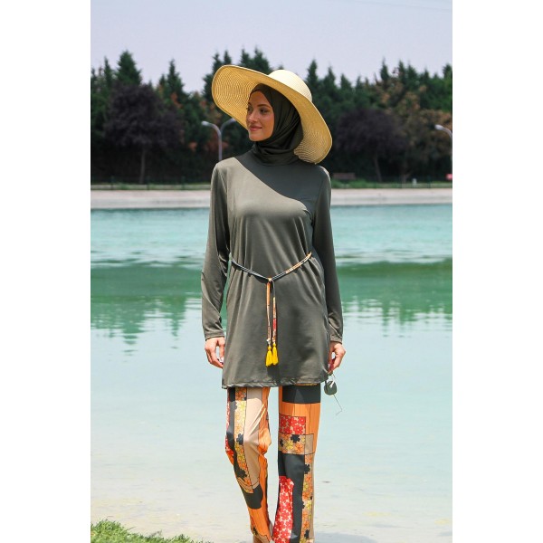 Mayo burkini Marina Khaki Women's Waist Tie Detailed Patterned Design Hijab Swimsuit M2226