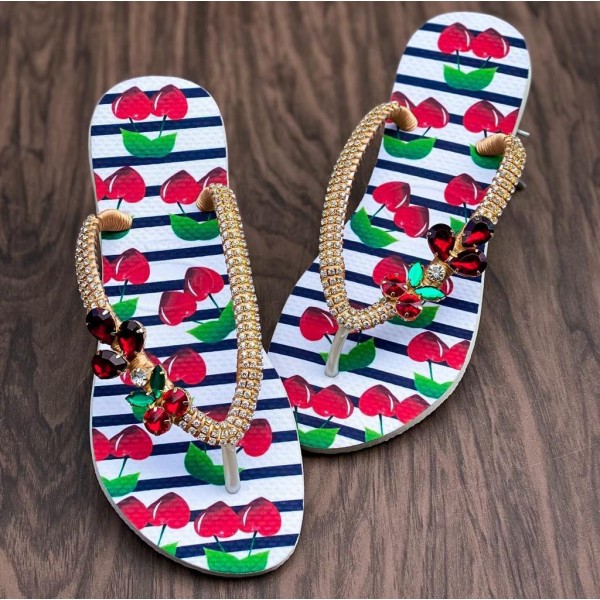 White women slippers, decorated with red and green, decorated with stones