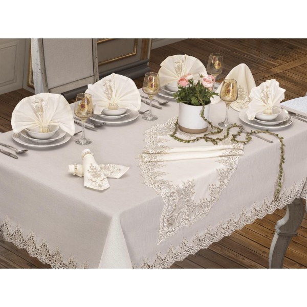 Luxury tablecloth Sumbul Table Cloth 160x260 Cm 26 Pieces Cream