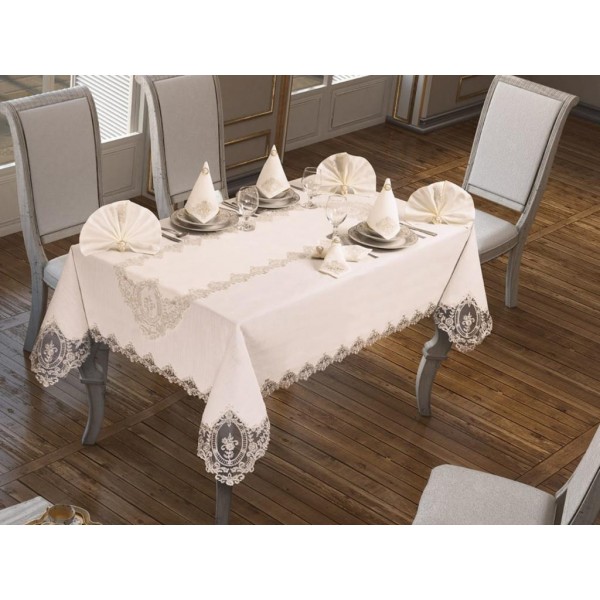 Luxury tablecloth 26 Piece French Laced Linda Tablecloth Set Cream