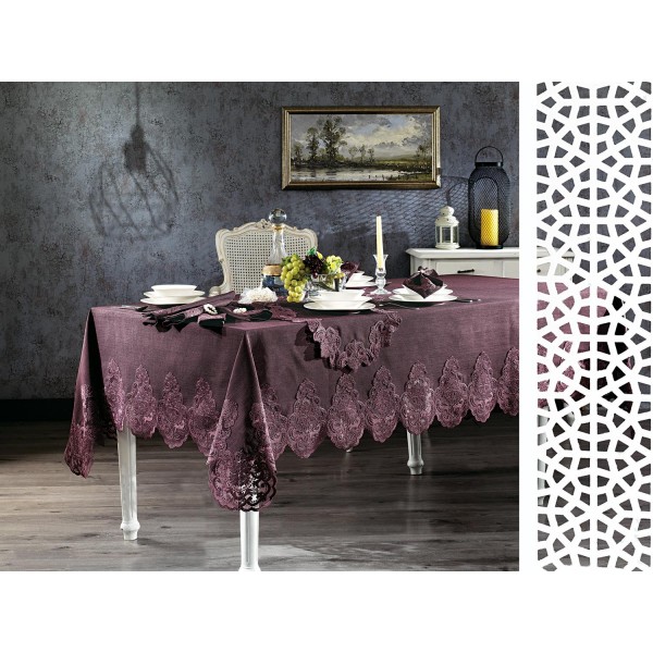 Luxury tablecloth French Guipure Dream Tablecloth Set 26 Piece Plum