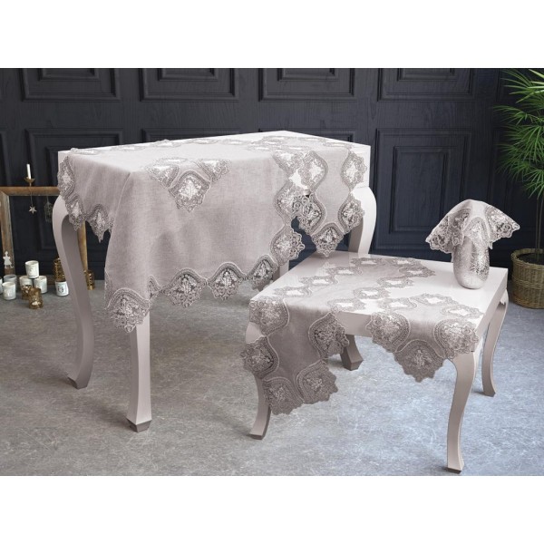 Luxury tablecloth Belinda Cordon Linen Embroidery 5 Piece Living Room Set Gray