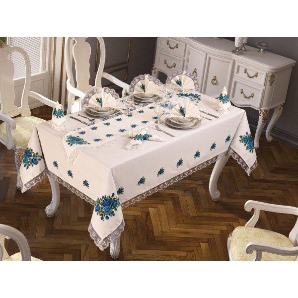 Luxury tablecloth Cross-stitch Printed Laced Tablecloth Blue