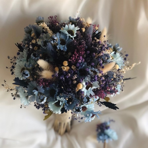 Wedding Bouquet Blue Daisy Bride Flower and Groom Boutonniere